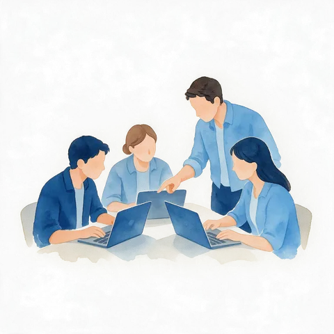 Illustration of a team gathered around laptops